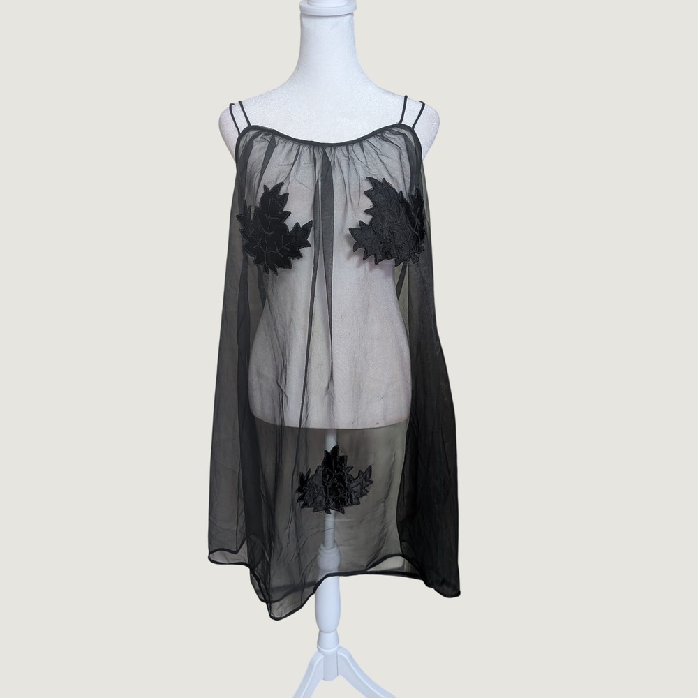 Movie Star 1960s Vintage Black Sheer Mesh Maple Leaf Applique Chemise Medium